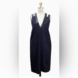 DEREK LAM Midnight Wool Mohair Leather Shift Dress Sleeveless Pockets 8